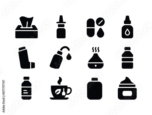 Spring Allergy Relief Icons. Spring allergies. Solid icon set of relief items: tissue box, nasal spray, antihistamine pill, eye drops, inhaler, saline rinse