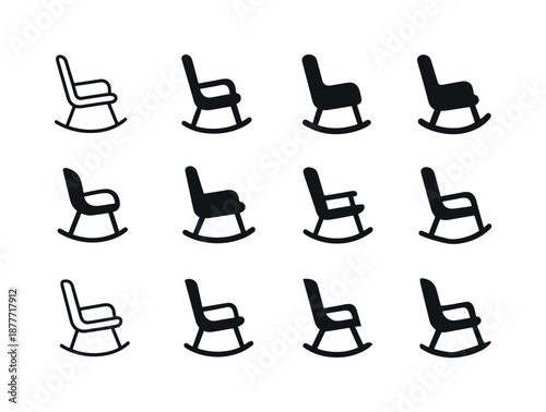 Rocking Chair Icons. A comfortable rocking chair in a nursery or reading room. Icon set. Set Logo of a comfortable rocking chair in a nursery or reading room: