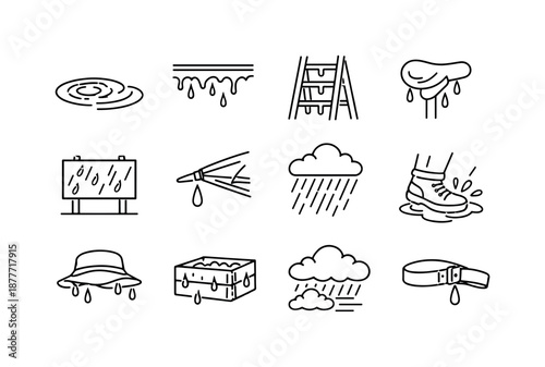 Rainy Day Icons. Rainy Day. Line icon set of rainy day: puddle with ripples, dripping shutter edge, wet ladder, soaked bicycle seat, rain-washed billboard,