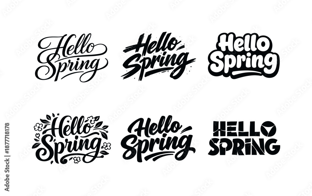 Fototapeta premium Spring Lettering Variations. Hello Spring. Set lettering. harmonious lettering variations of the same emblematic concept, each with different