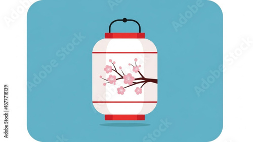 White Paper Lantern with Cherry Blossom on Blue Background