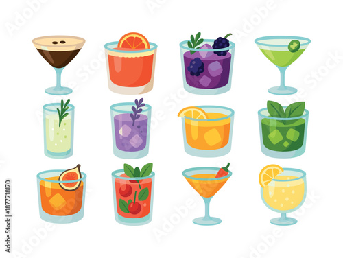 Colorful Cocktail Icons. Signature cocktails. Colorful flat vector icons set of signature cocktails: espresso martini, blood orange margarita, blackberry