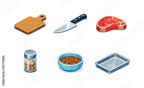 BBQ Prep Icons. BBQ cooking prep. Isometric flat vector icons set of BBQ cooking prep: cutting board, chef knife, raw steak, seasoning shaker, marinade bowl,