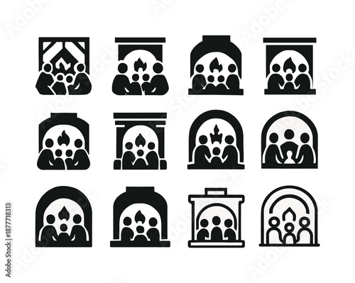 Fireplace Icon Set. People enjoying a warm fire in the fireplace. Icon set. Set Logo of people enjoying a warm fire in the fireplace: family by firelight.