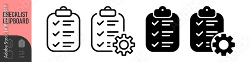 Checklist clipboard icons with settings gear and check mark symbol in outline and solid styles. for task management, to do list and automation, process optimization, and smart workflow symbols 