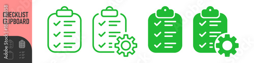 Checklist clipboard icons with settings gear and check mark symbol in outline and solid styles. for task management, to do list and automation, process optimization, and smart workflow symbols 