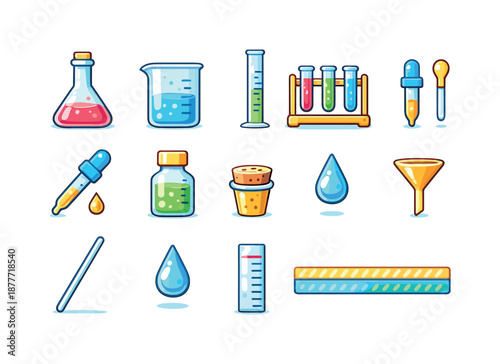 Glass Lab Icons. Glass Lab Setup. Colorful flat vector icons set of Glass Lab Setup: volumetric flask, beaker, graduated cylinder, test tube rack, pipette,
