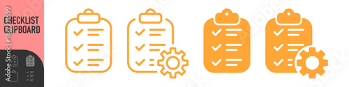 Checklist clipboard icons with settings gear and check mark symbol in outline and solid styles. for task management, to do list and automation, process optimization, and smart workflow symbols 
