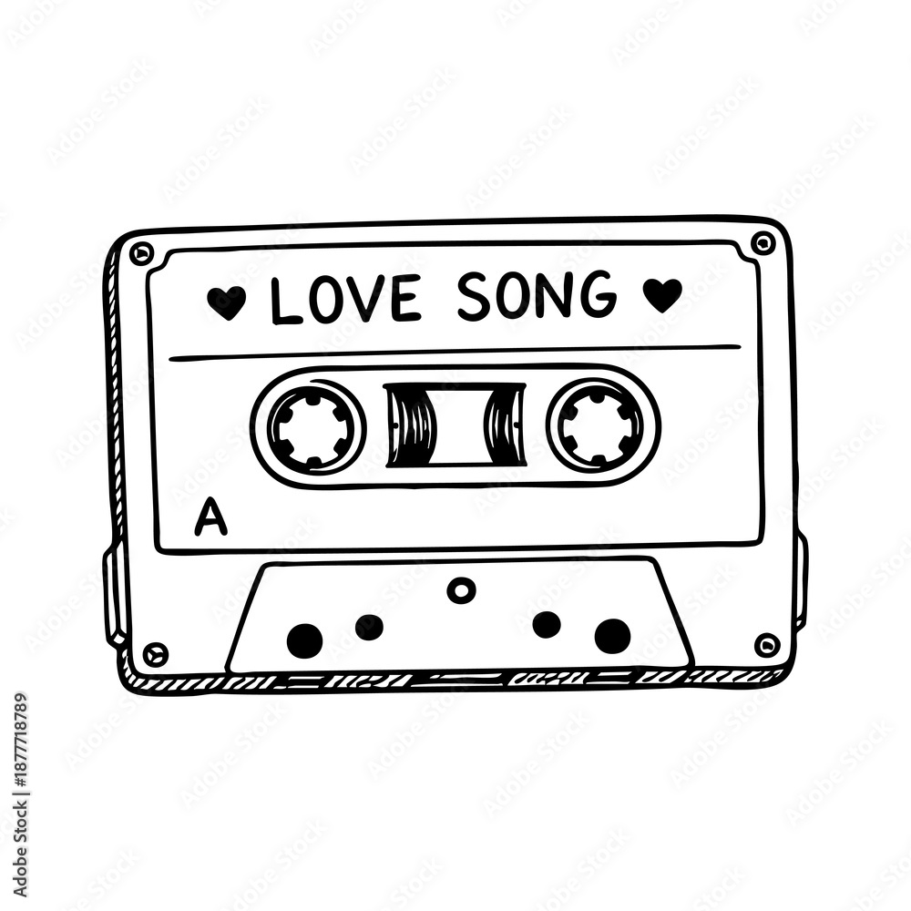 Naklejka premium Retro cassette tape labeled Love Song with heart icons in clean vintage line art style. Black and white vector illustartion