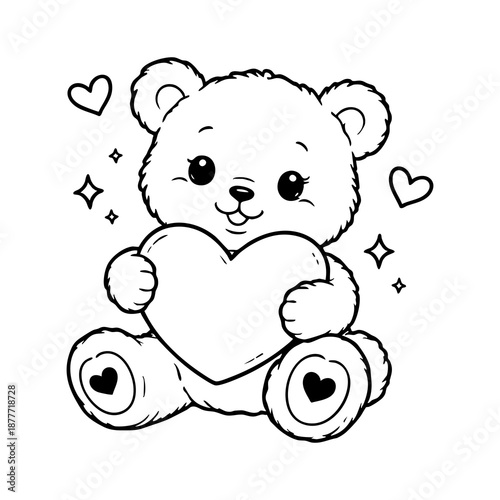 Cute Teddy bear hugging a big heart with playful heart-shaped paw pads. Black and white vector illustration 