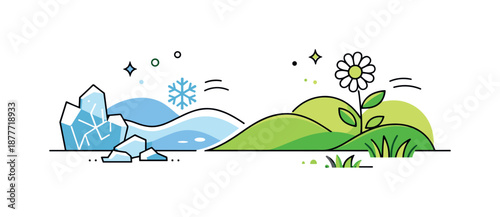 Winter to Spring Transition. Frozen ground to grass illustration. Abstract shapes shifting from cool frozen textures to soft grassy forms in a clean editorial
