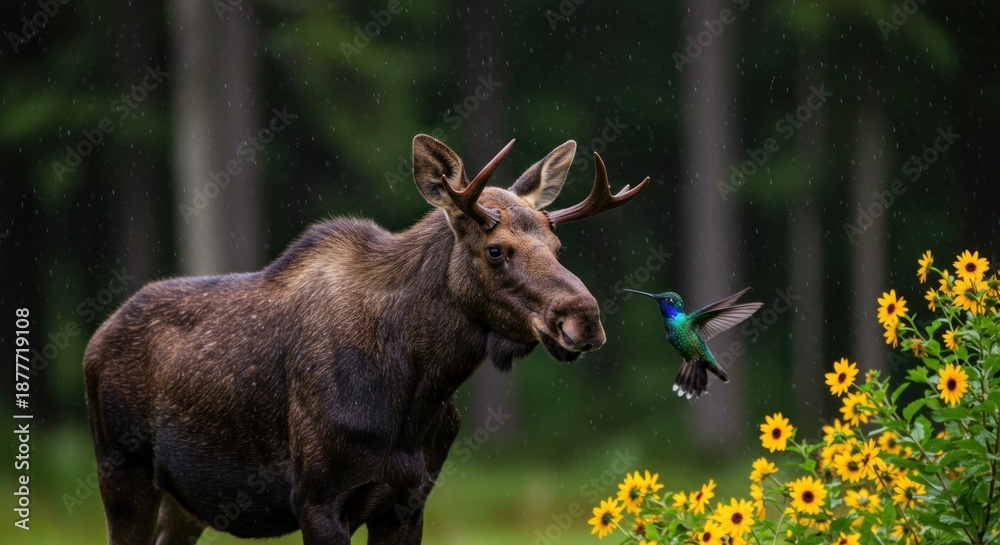 Naklejka premium A moose with antlers stands amidst sunflowers as a hummingbird flies nearby