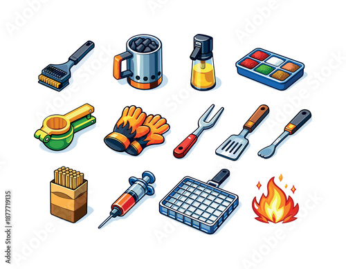 Grill-Side Essentials Icons. Grill-side shrimp essentials. Colorful isometric vector icons set of grill-side shrimp essentials: grill brush, coal starter, oil