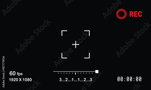 Digital video recording interface with red rec symbol and white crosshairs