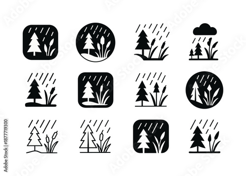 Rainy Nature Icons. Rain showers in forests and wetland areas. Icon set. Set Logo of rain showers in forests and wetland areas: reeds swaying in