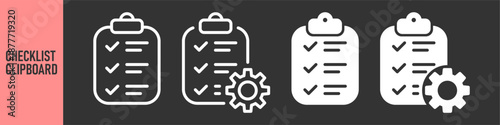 Checklist clipboard icons with settings gear and check mark symbol in outline and solid styles. for task management, to do list and automation, process optimization, and smart workflow symbols 