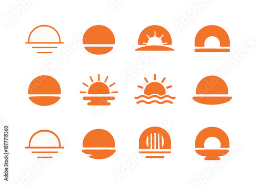 Sunset Emblem Variations. Sunset. Icon set. Set Logo of sunset: sun dipping below horizon. harmonious logo variations of the same emblematic concept, each with