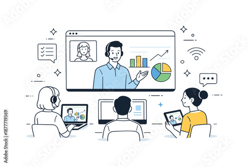 Online Presentation Scene. Video conference presentation. Speaker presenting charts on a shared screen while participants listen from different devices,
