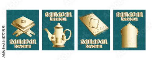 Ramadan Kareem greeting banners set with islamic patterns, mosque silhouette, prayer rug, traditional water jug and holy Quran on wooden rehal