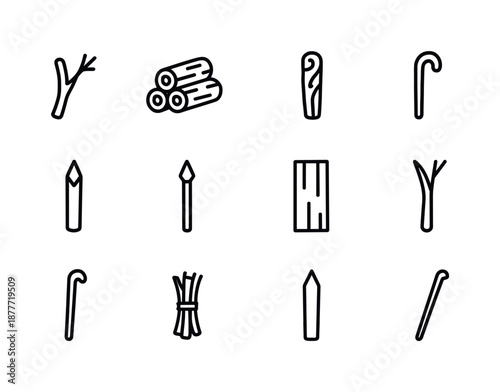 Wooden Stick Icons. Wooden Sticks. Line icon set of Wooden Sticks: tree branch, firewood, carved stick, rustic cane, sharpened stick, spear stick, wood plank,