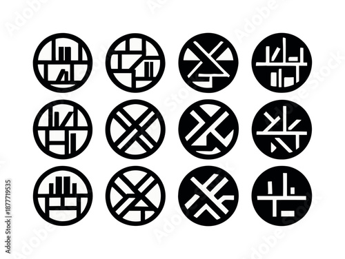 Modern Geometric Bookshelf Icons. Geometric bookshelf with a modern, artistic design. Icon set. Set Logo of Geometric bookshelf with a modern, artistic design: