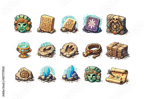 Underground Isometric Icons. underground mysteries. Colorful isometric vector icons set of underground mysteries: ancient mask, carved tablet, glowing symbol,