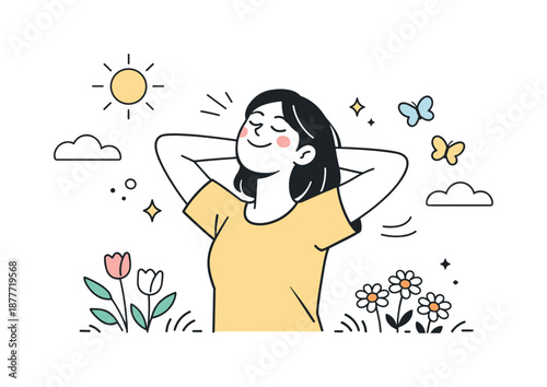 Springtime Joy. Positive energy and springtime. A calm editorial composition with a character holding flowers or enjoying sunlight, expressing happiness and