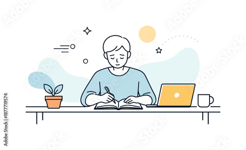 Minimalist Work Focus. Mindful Focus. A person sitting at a desk with minimal objects, clean lines emphasizing concentration and clarity. Calm working mood