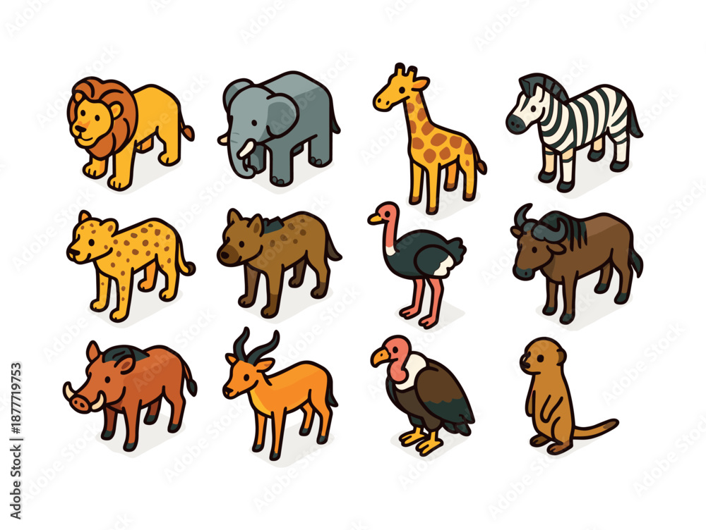 Fototapeta premium Savanna Animal Icons. Savanna animals. Colorful isometric vector icons set of savanna animals: lion, elephant, giraffe, zebra, cheetah, hyena, ostrich,