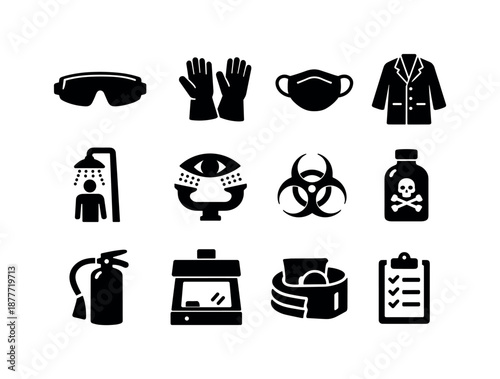 Laboratory Safety Icons. Laboratory Safety. Solid icon set of Laboratory Safety: safety goggles, lab gloves, face mask, lab coat, emergency shower, eye wash