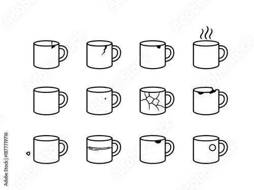 Chipped Mug Icons. Chipped coffee mug. Line icon set of chipped coffee mug: rim crack chip, ceramic fracture arc, chipped handle tip, steam wave, mug