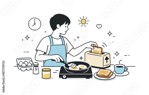Peaceful Breakfast Routine. Making breakfast routine. Person frying eggs and preparing toast, focused movements and peaceful morning rhythm. Minimalist flat