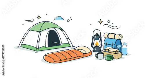 Serene Camping Setup. Camping Gear Setup. A calm editorial setup with a tent, sleeping bag, and lantern beside a small pile of supplies, inviting serene
