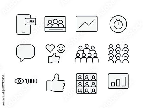 Streaming Icon Set. Streaming experience. Line icon set of Streaming experience: phone with live icon, audience on screen, streaming graph, chat bubble,