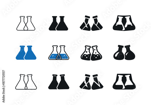 Volumetric Flask Logos. volumetric flasks. Icon set. Set Logo of volumetric flasks: dual flasks side-by-side. harmonious logo variations of the same emblematic