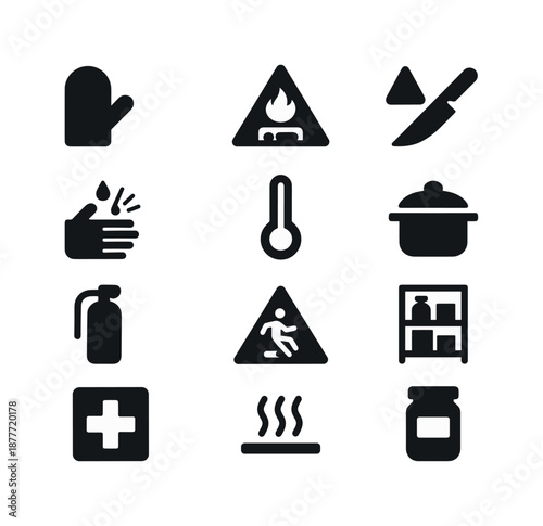 Kitchen Safety Icons. Kitchen safety. Solid icon set of kitchen safety: oven mitt, stove caution, sharp knife warning, clean hands icon, food safety
