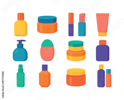 Minimal Beauty Containers. Minimal beauty containers. Colorful flat vector icons set of Minimal beauty containers: frosted bottle, matte jar, slim lipstick