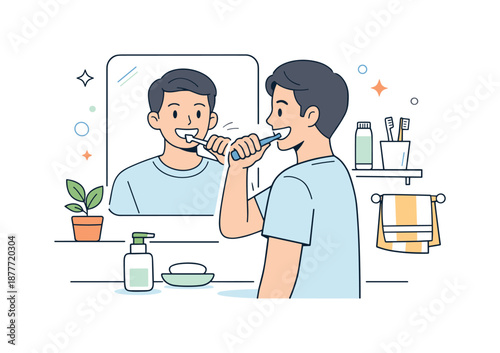 Morning Tooth Brushing. Brushing teeth morning routine. A person calmly brushing teeth in front of a mirror with simple bathroom elements. Fresh start of the