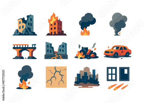 Apocalyptic City Icons. Apocalyptic cityscape. Colorful flat vector icons set of apocalyptic cityscape: collapsing ruins, burning tower, drifting black smoke,