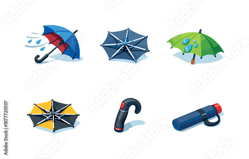 Weather Protection Icons. Weather protection. Isometric flat vector icons set of Weather protection: storm umbrella, wind resistant umbrella frame, water