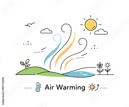 Gentle Air Currents. Air warming concept. A calm editorial scene showing soft air currents rising as sunlight gently warms the environment, with subtle motion