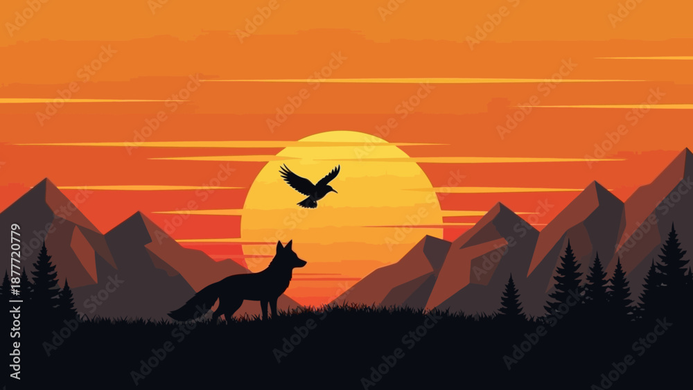 Naklejka premium Fox Silhouette and Bird Flying at Sunset in Mountains with Orange Sky
