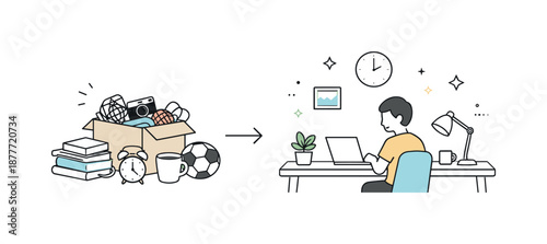 Minimalist Workspace Transformation. Decluttering process. Unneeded items being placed aside while a tidy workspace emerges. Clear space, mental clarity, and