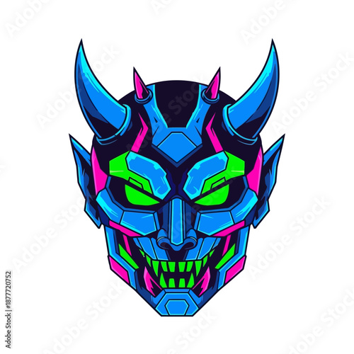 Cyberpunk Oni Mask, Neon Blue, Pink, Green, Futuristic Japanese Demon