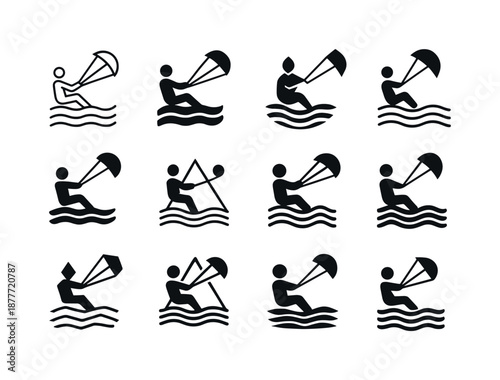 Snowkiting Icon Variations. Snowkiting on frozen lakes. Icon set. Set Logo of snowkiting on frozen lakes: frozen wind ripple. harmonious logo variations of the