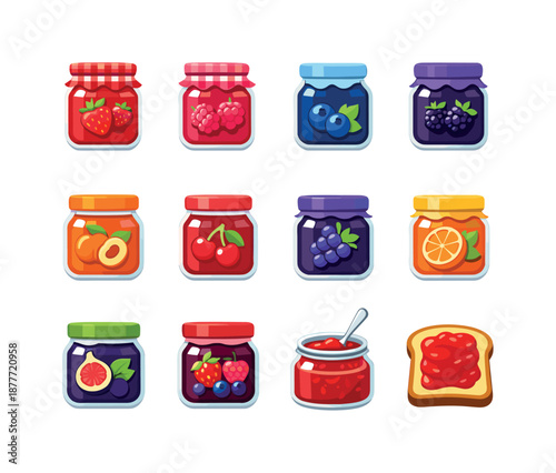 Colorful Jam Icons. Jam. Colorful flat vector icons set of jam: strawberry jam jar, raspberry jam jar, blueberry jam jar, blackberry jam jar, apricot jam jar,