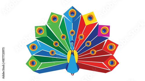 Wallpaper Mural Vibrant Geometric Peacock Displaying Colorful Tail Feathers Isolated White Background Torontodigital.ca