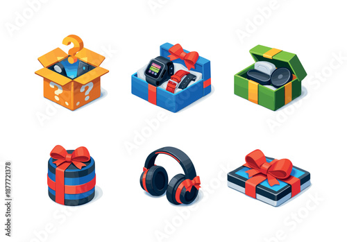 Gadget Gift Grid. Gadget surprise packs. Isometric flat vector icons set of Gadget surprise packs: tech gadget mystery box, smart watch bundle, wireless