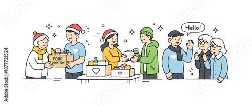 Holiday Volunteer Spirit. Volunteering during holidays community support. Volunteers distributing food packages and greeting people kindly. Care, generosity,