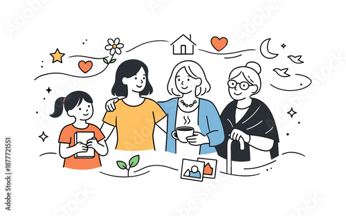 Generational Bond. Generations of Women. Women of different ages standing together, connected by soft lines and shared symbols. Warm, inclusive mood showing